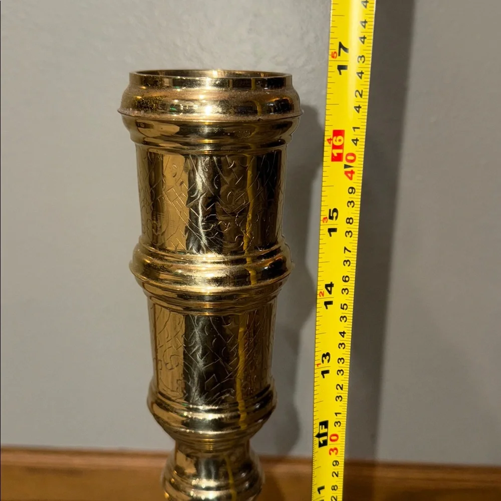 Vintage Tall ornate Etched Shiny Brass Vase 17 in w glittery gold arrangement